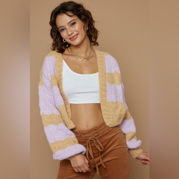 Blue Blush Sweaters - Blue Blush by LALA Two Tone Pastel Purple and Tan Striped Cardigan